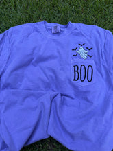 Load image into Gallery viewer, BOO Ghosts/Bats Embrodered Pocket Tee - Comfort Color
