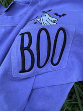 Load image into Gallery viewer, BOO Ghosts/Bats Embrodered Pocket Tee - Comfort Color
