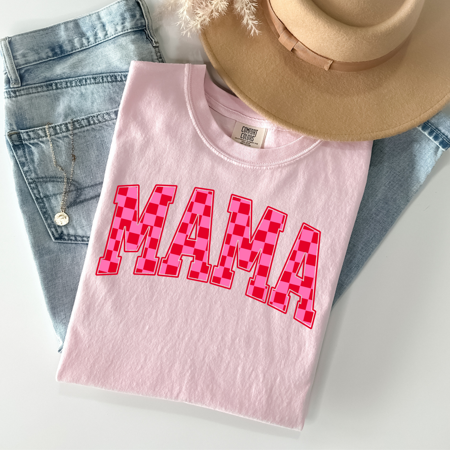 Pink Checkered Mama Tee